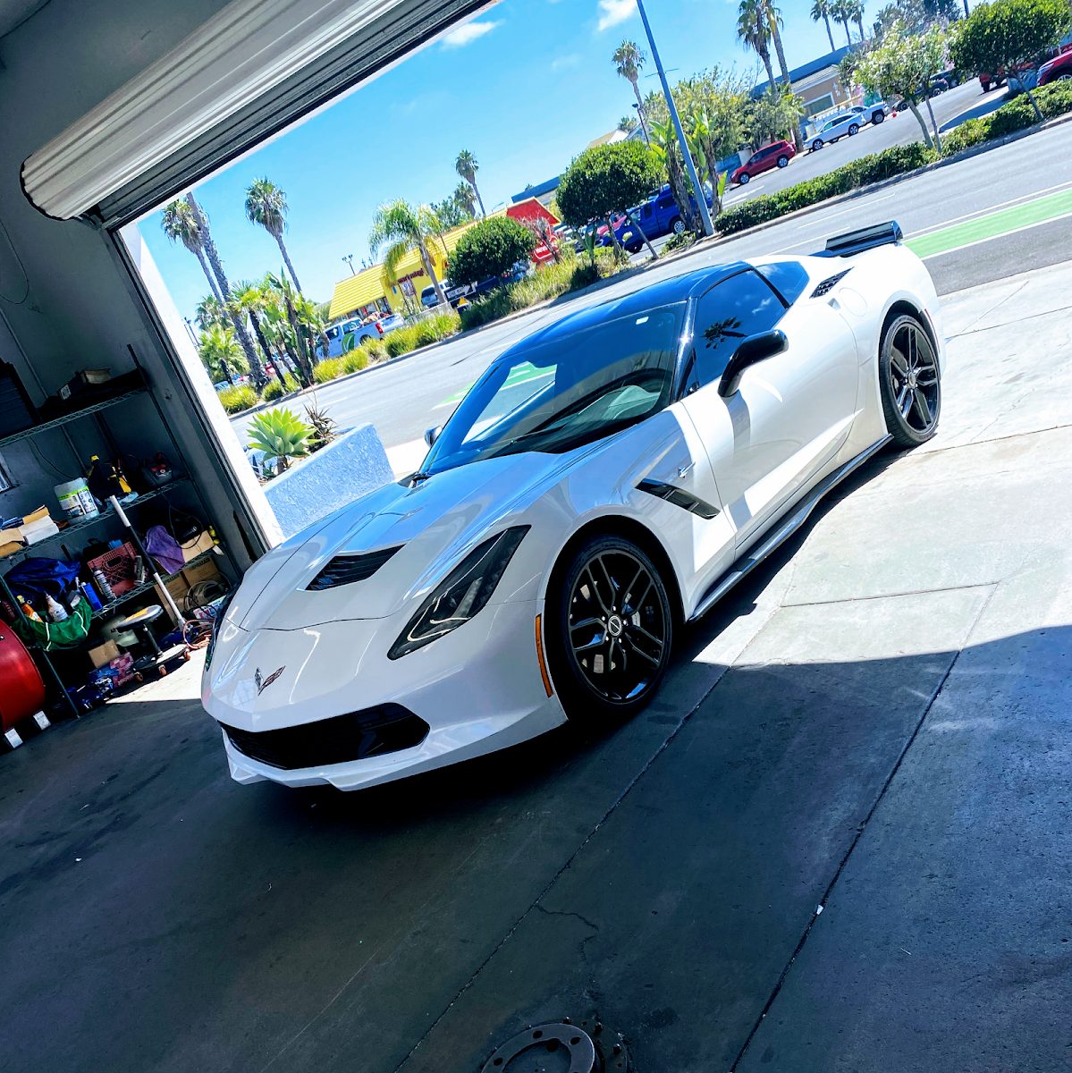 A white Corvette in the open bay, palm-lined Palm Ave outside
